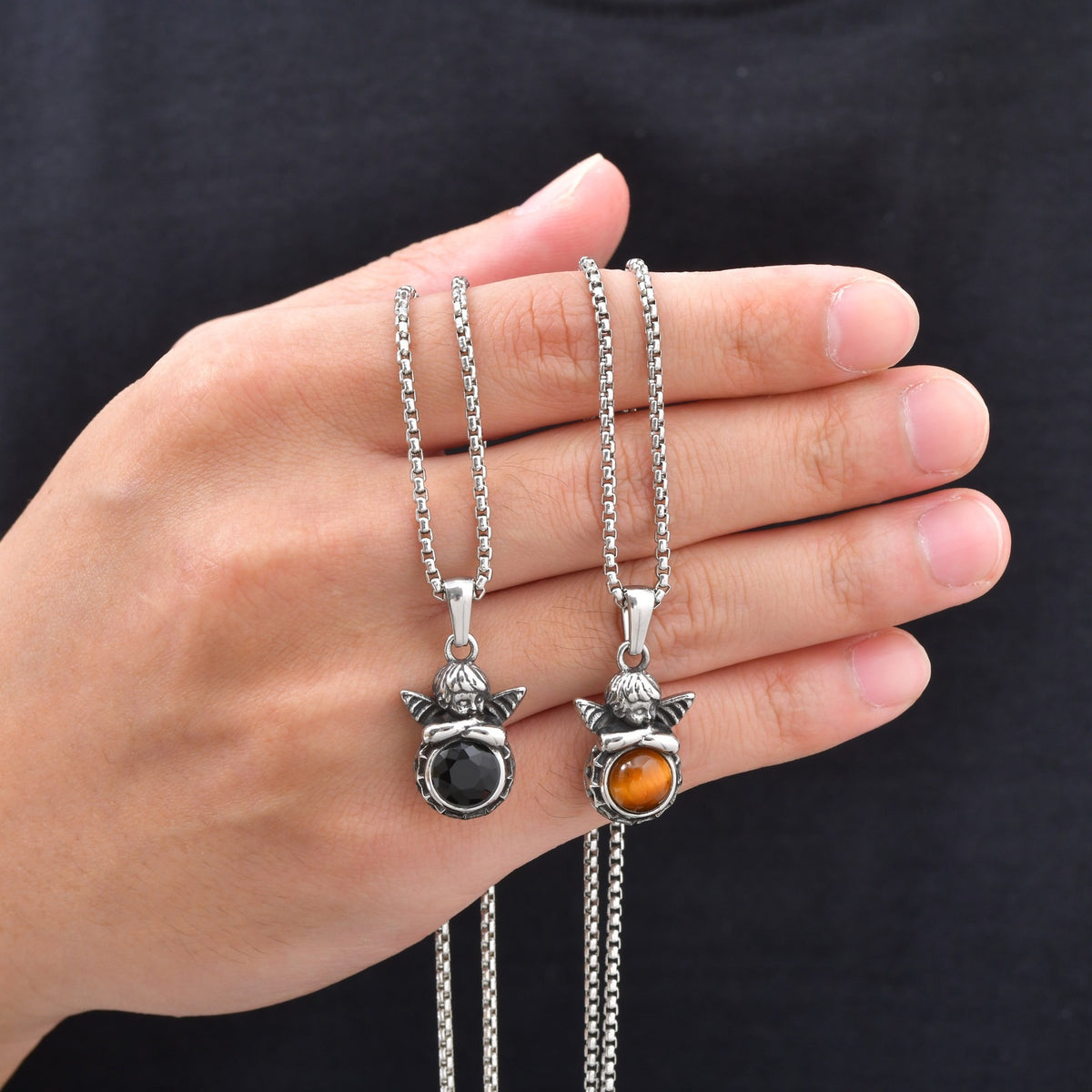 Europe & The United States Stainless Steel Angel Tiger's Eye Stone Women's Hip-Hop Necklace
