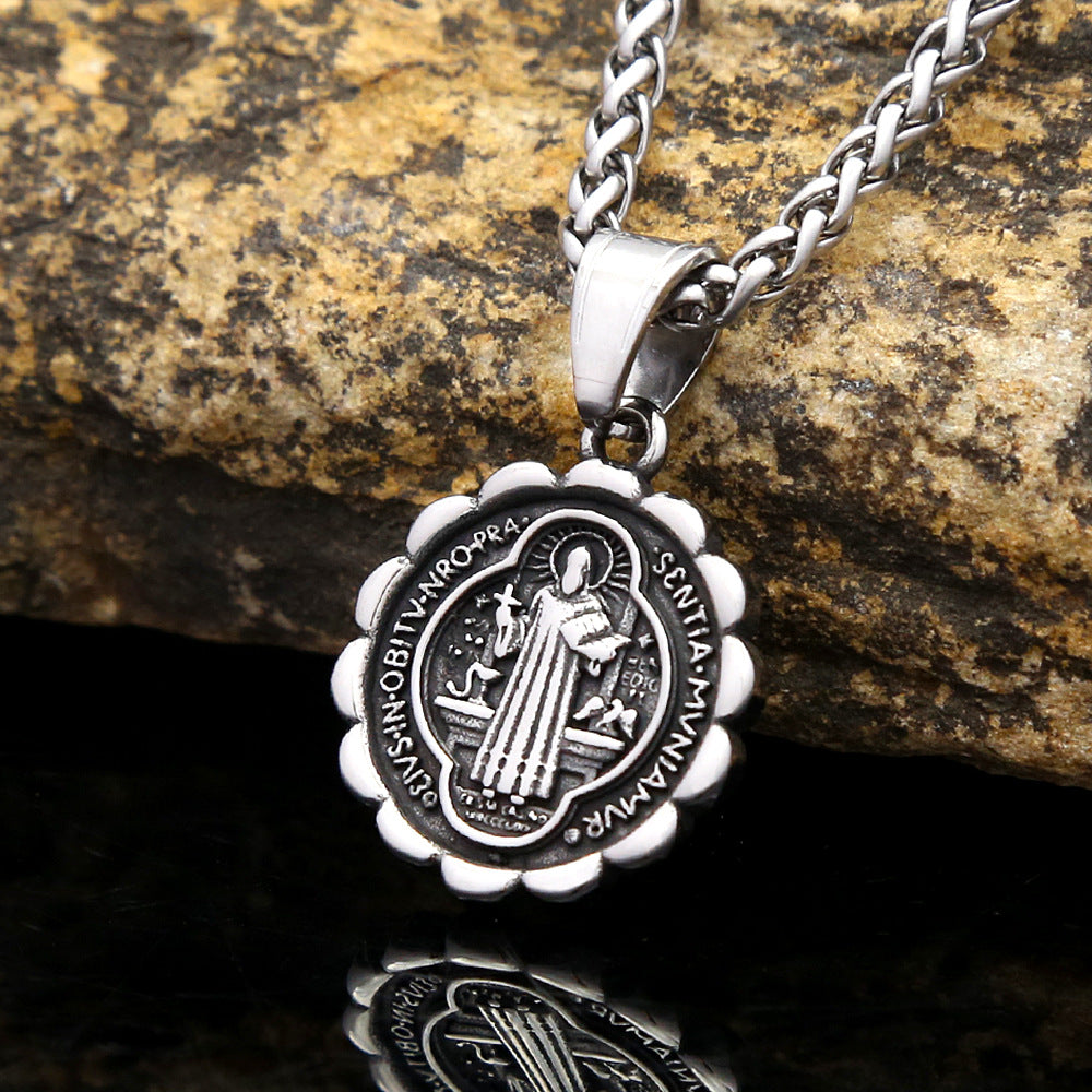 Retro Saint Ben Double-Sided Titanium Steel Pendant Necklace for Men
