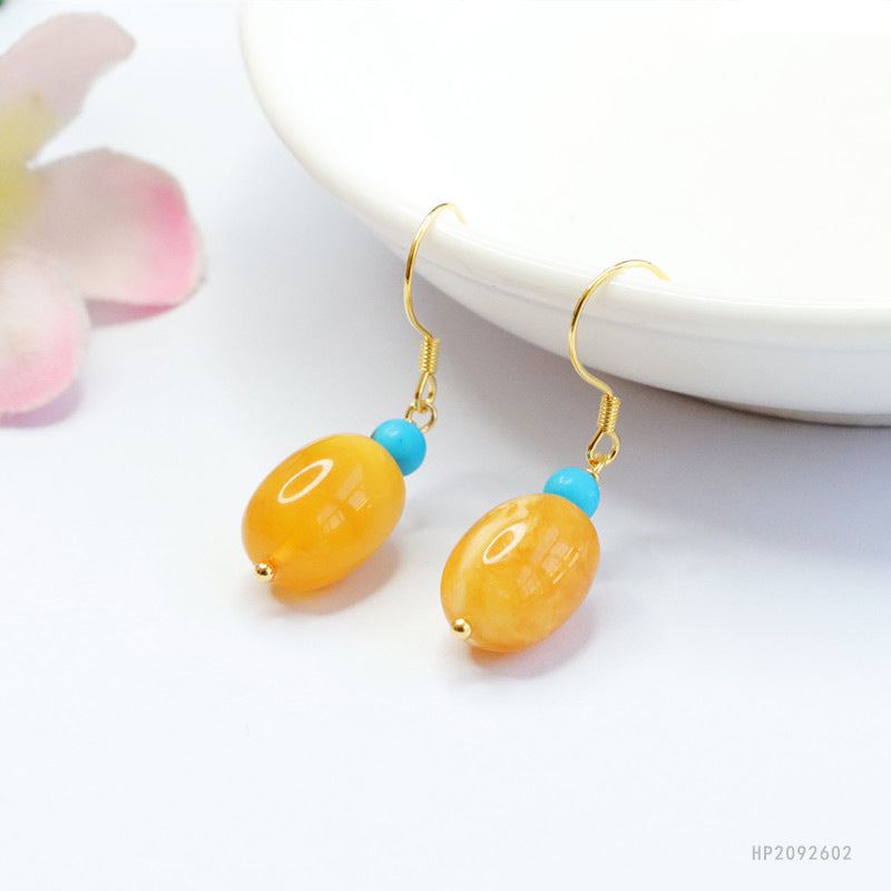 925 Sterling Silver Beeswax Amber Barrel Bead Earrings