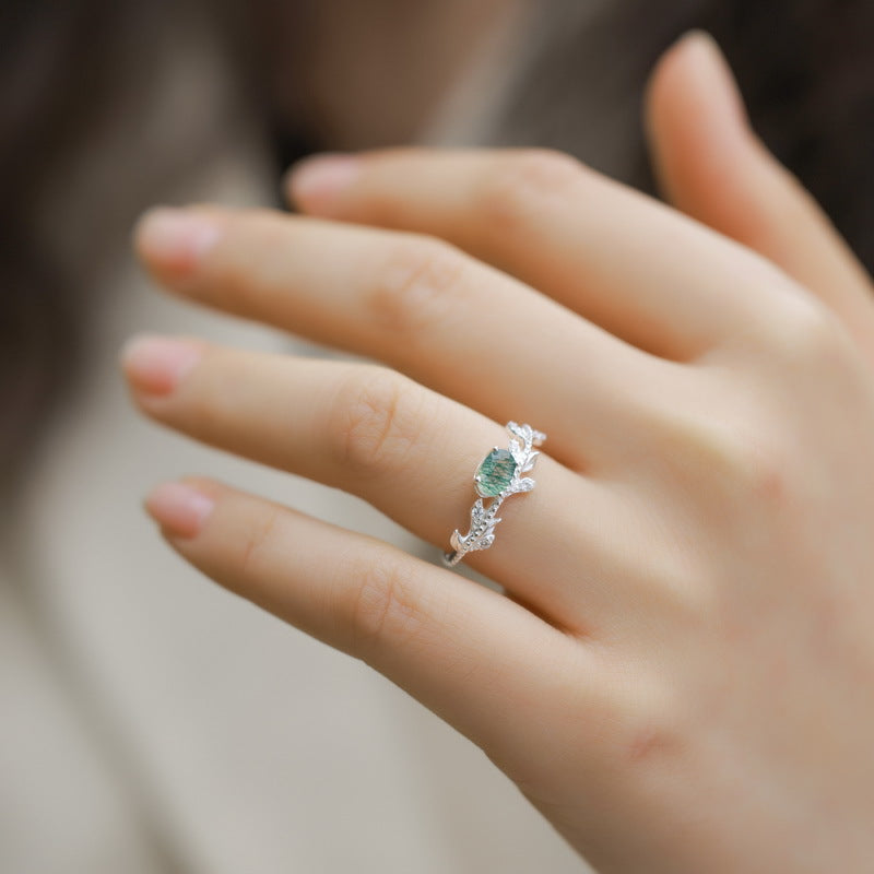 Planderful Everyday Genie – Cross-border New Fashion Simple Olive Branch Ring Women's S925 Sterling Silver Inlaid Green Moss Ring Niche Design Jewelry