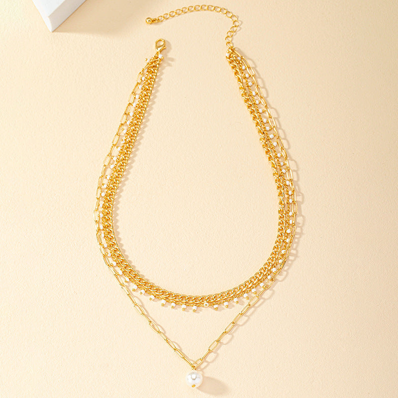 European Charm Three-Layer Beaded Pendant Necklace with Imitation Pearl Accent
