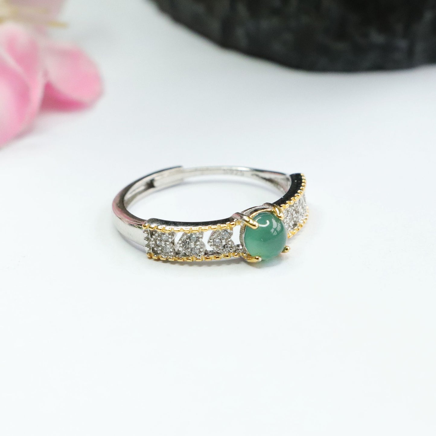 Golden Hollow Love Ring with Natural Jade and Sterling Silver