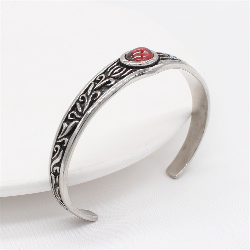 Planderful Everyday Genie – European and American Retro Red Stone Men's Titanium Steel Bracelet