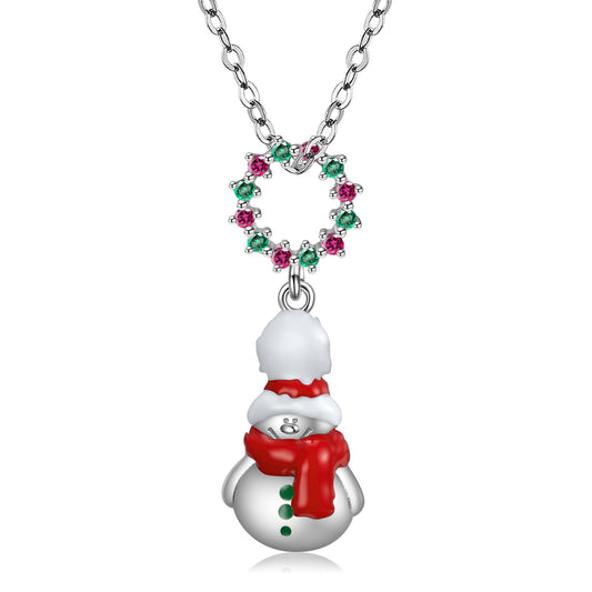 Christmas Snowman Circle Zircon Silver Necklace