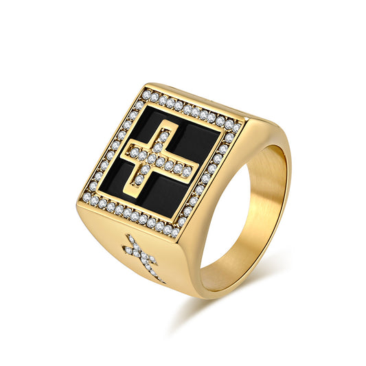 Planderful Hip Hop Ring For Men Zircon Cross Square Seal Plated Titanium Steel Bold Statement