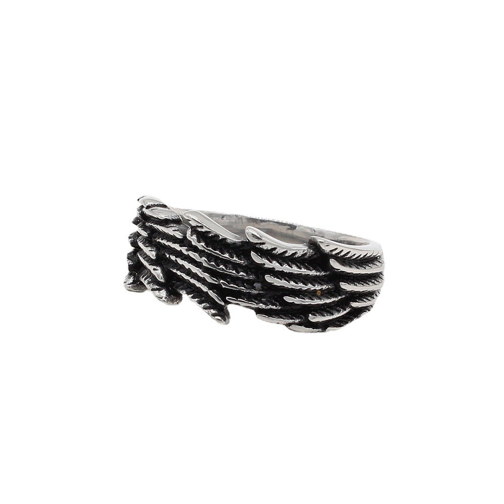 Retro European and American Titanium Steel Wings Feather Men's Ring