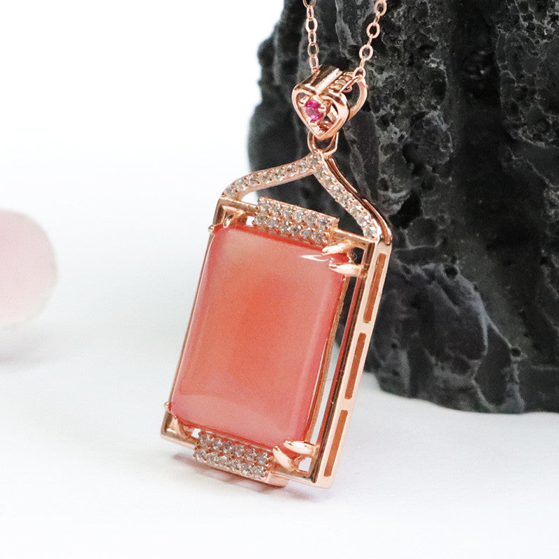 Zircon Hollow Rose Gold Necklace with Natural Rectangle Agate Pandant