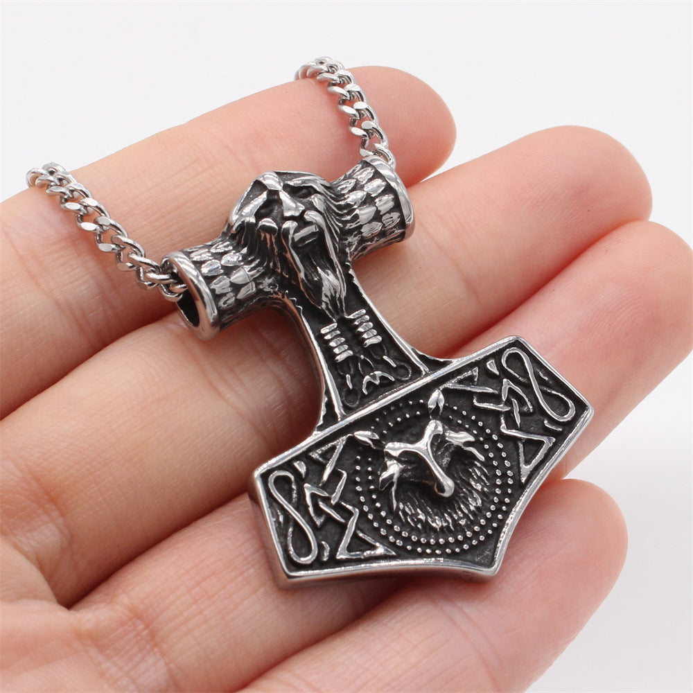 Celtic-Inspired Titanium Steel Wolf Head Pendant with Thor Hammer Design for Men
