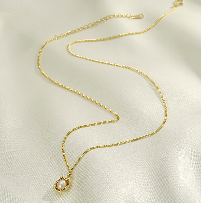 S925 Sterling Silver Pearl Necklace Women's Retro Chain Jewelry