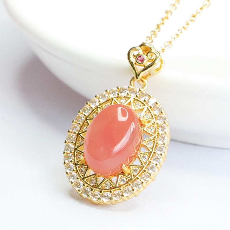 Halo Necklace with Pigeon Eggs Agate Pendant and Zircon Accents