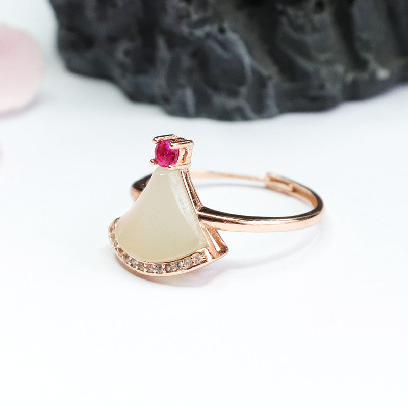 Small Skirt Ring with Natural Hetian White Jade and Red/White Zircon in Sterling Silver