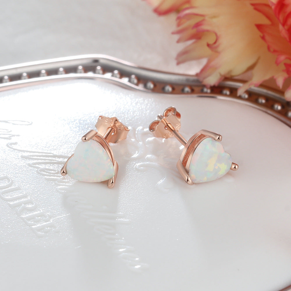 Planderful Jewelry Opal Heart Sterling Silver Stud Earrings With Rose Gold Accent