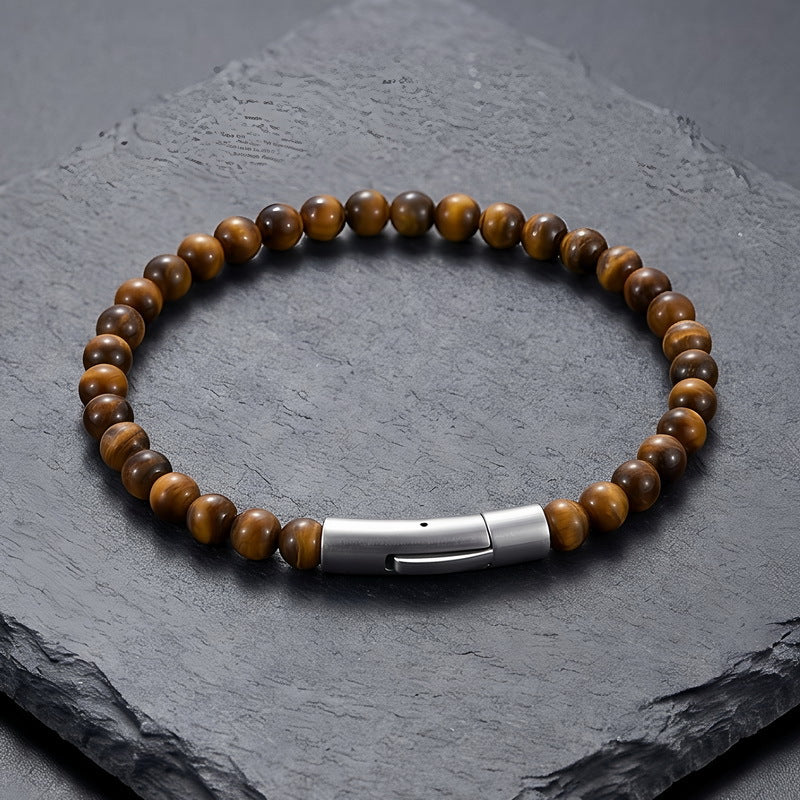 Beaded Bracelet Tiger's Eye Stone Black Agate Stainless Steel Snap Button Unisex Bracelet.