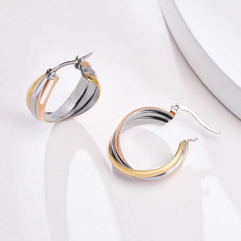 Korean Version Earrings Ins French Titanium Steel Three-Ring Jewelry