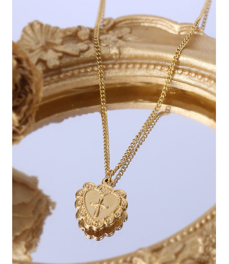 Elegant Heart Relief Cross Pattern Love Necklace in Gold Plated Titanium Steel