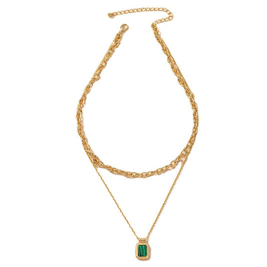 Peacock Stone Pendant Necklace with Turquoise Collarbone Chain