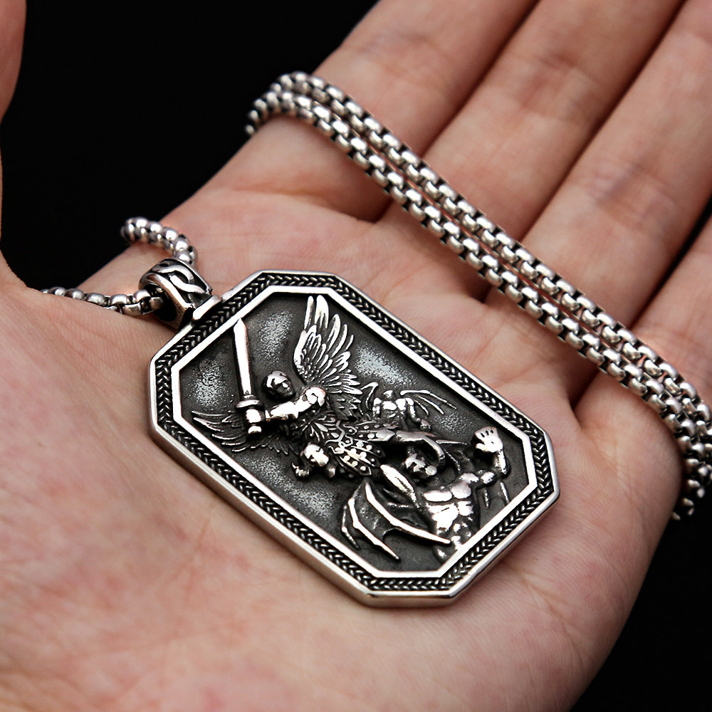 Titanium Steel Men's Retro Angel Guardian Pendant Necklace