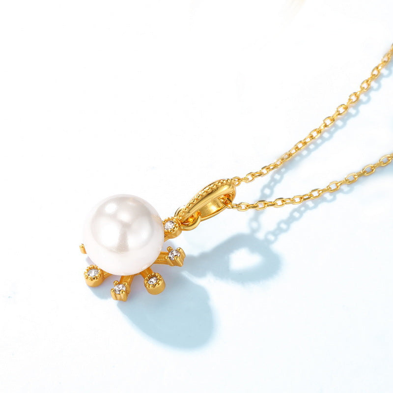 Round Pearl Zircon Sea Anemone Pendant Sterling Silver Necklace