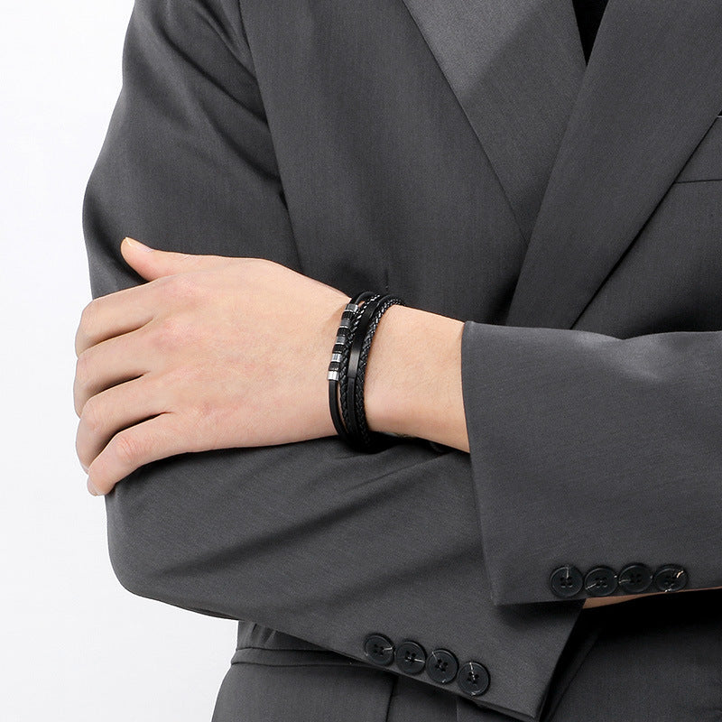 Stainless Steel Black Gold Beaded Leather Cord Bracelet – Multi-Layer Woven Magnetic