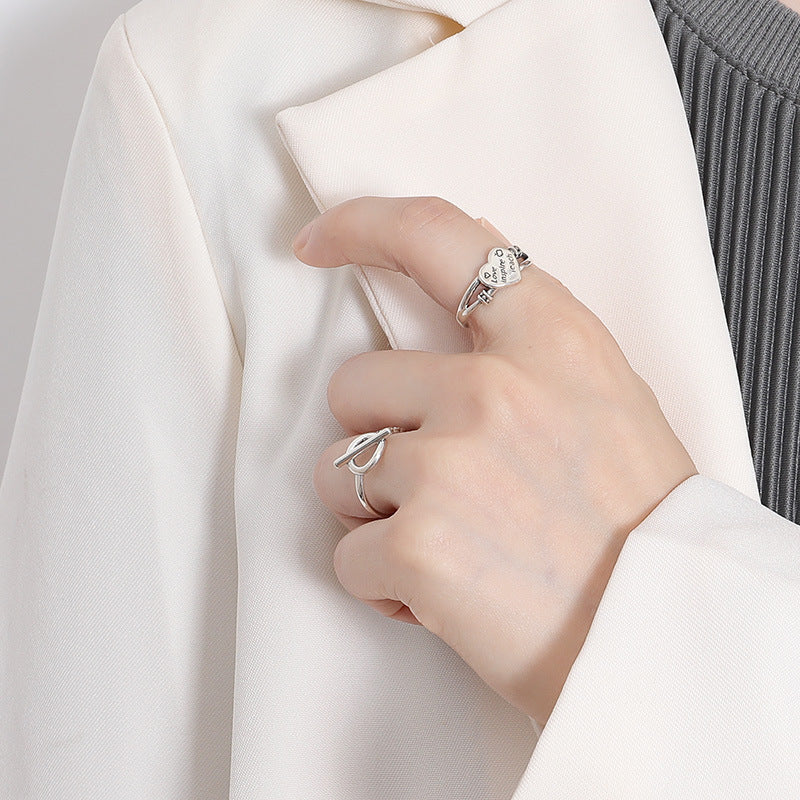 Retro Carved Letter Heart Shape Opening Sterling Silver Ring