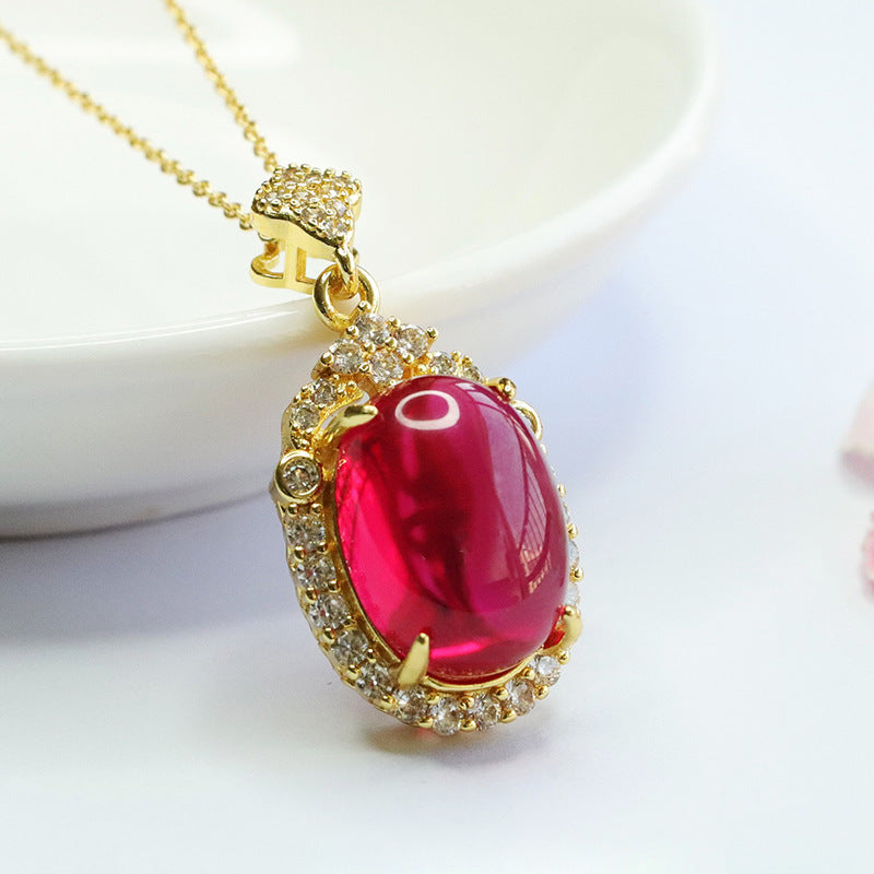 Lab-Grown Ruby Oval Zircon Halo Pendant — No Chain