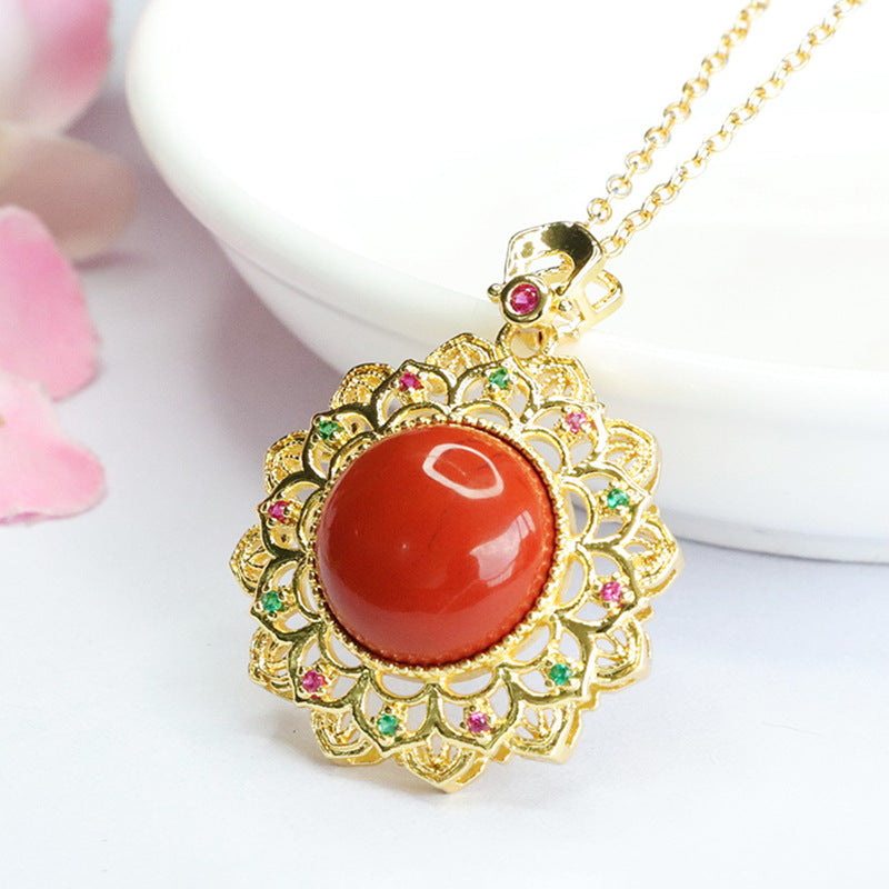 Southern Red Agate Zircon Sunflower Pendant Necklace