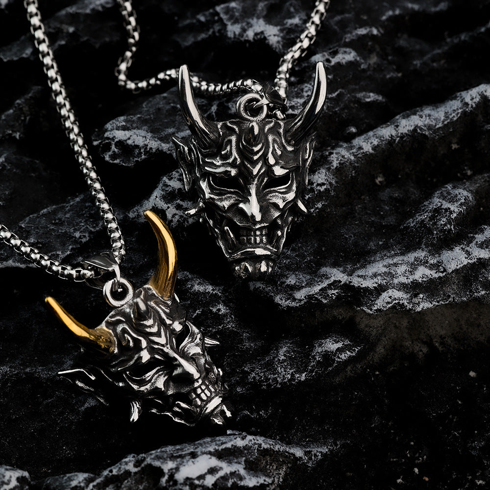 European And American Retro Stainless Steel Men's Pendant Personalized Japanese Prajna Mask Necklace