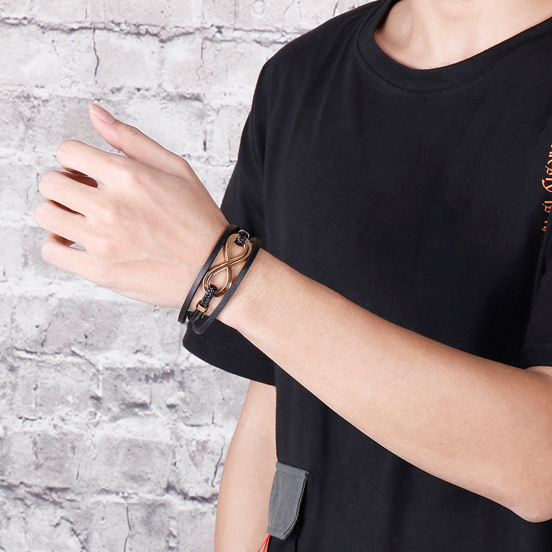 Infinity Shape Titanium Steel Leather Bracelet For Men