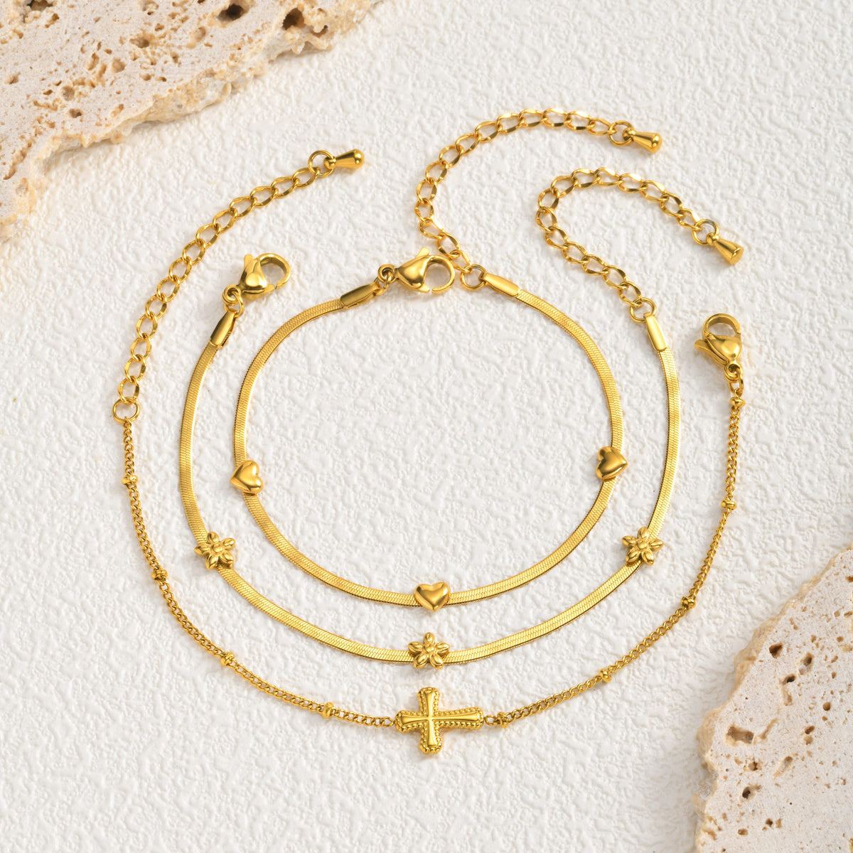 Cross Flower Gold-Plated Stainless Steel Bracelet for Women