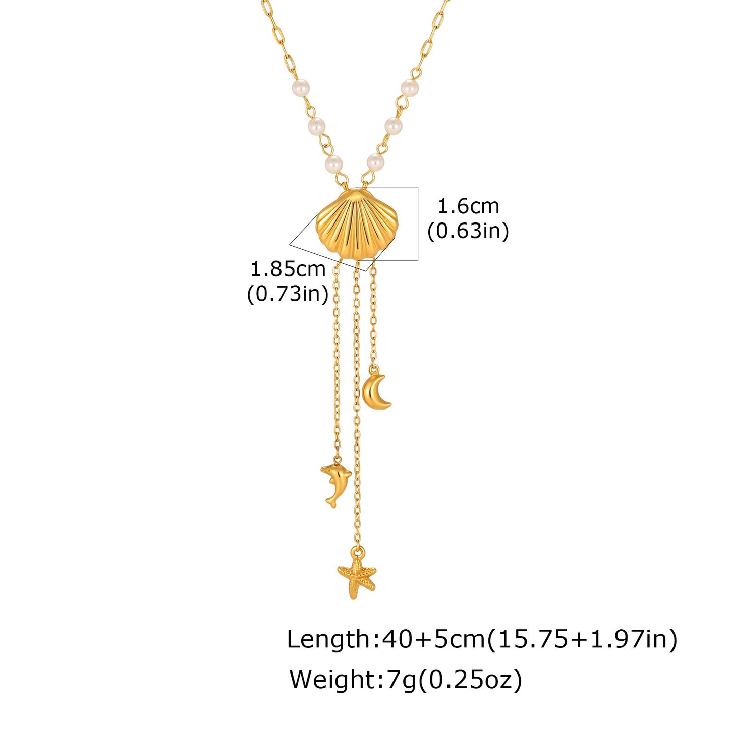 Summer Ocean Wind Stainless Steel Rectangular Chain Imitation Pearl Ocean Shell Fringed Necklace