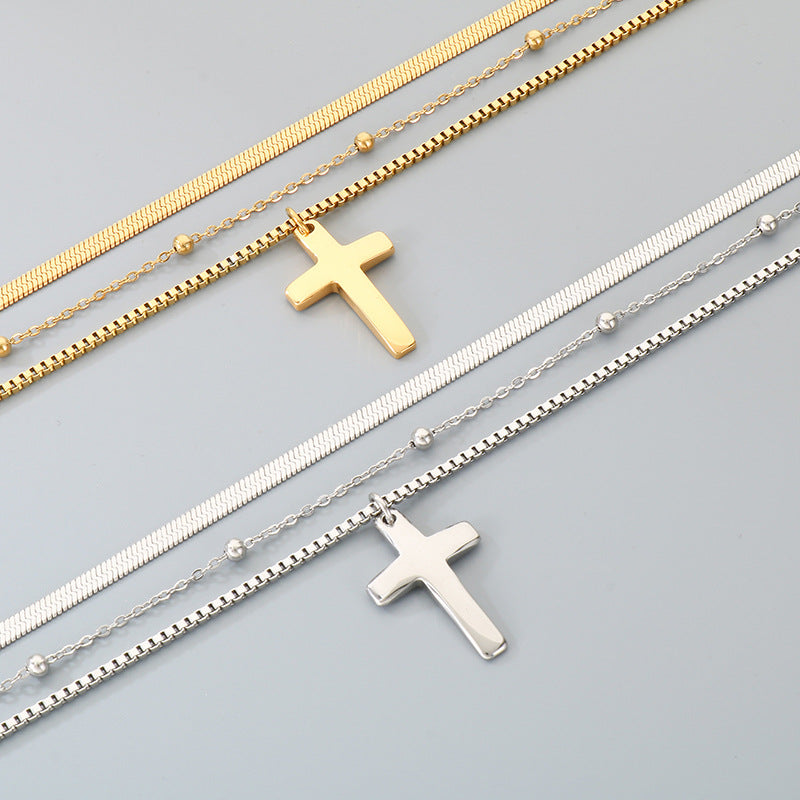 Flat Snake Chain Multi-Layer Chain Necklace, Retro Stainless Steel Box Chain Cross Pendant