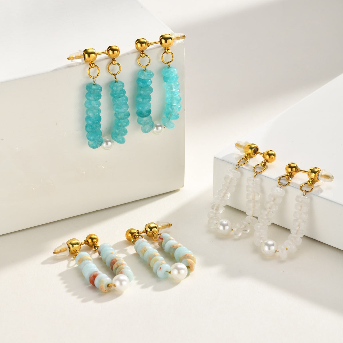 Aqua Stone Bead & Pearl Loop Drop Earrings