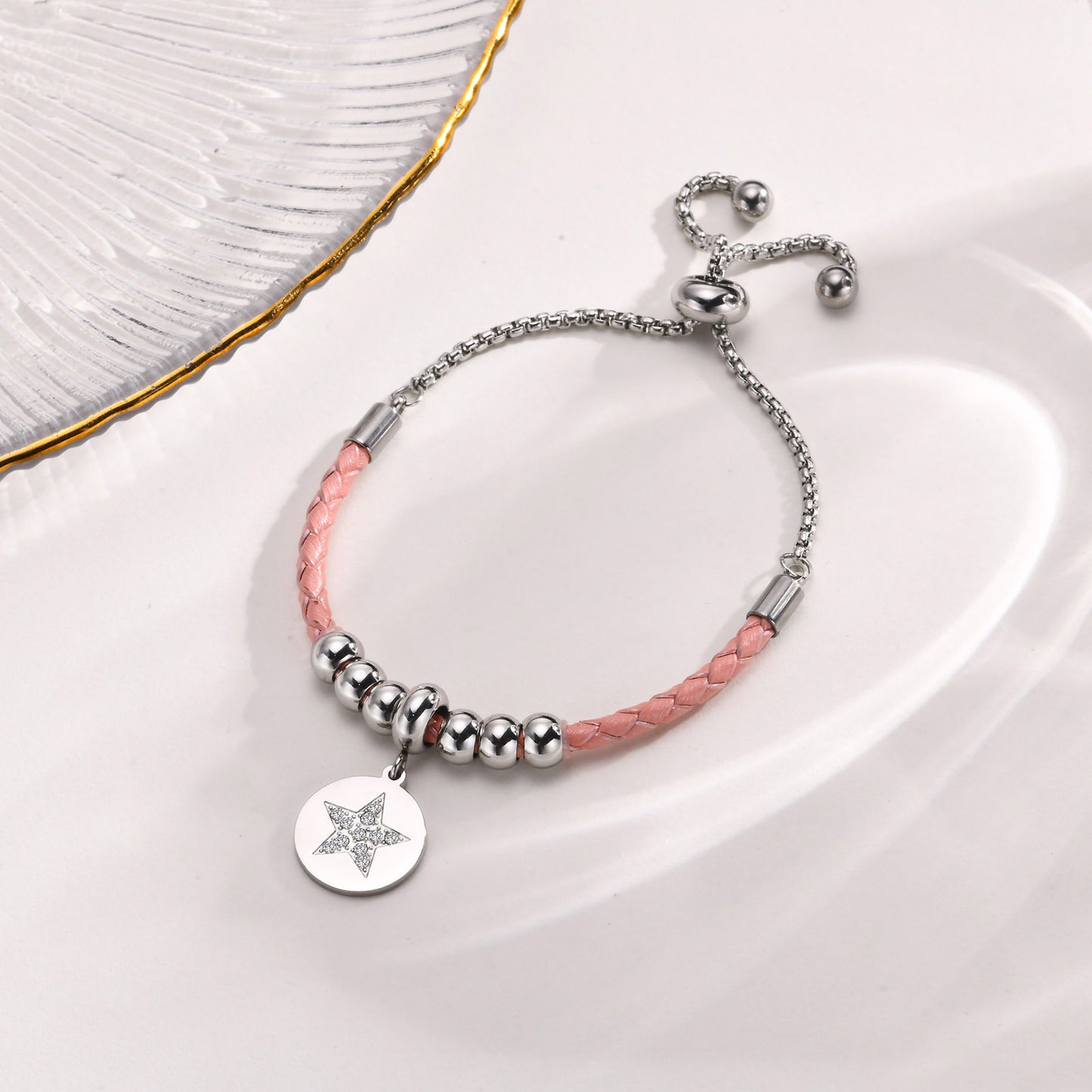 Stainless Steel Leather Inlaid Zircon Star Adjustable Bracelet