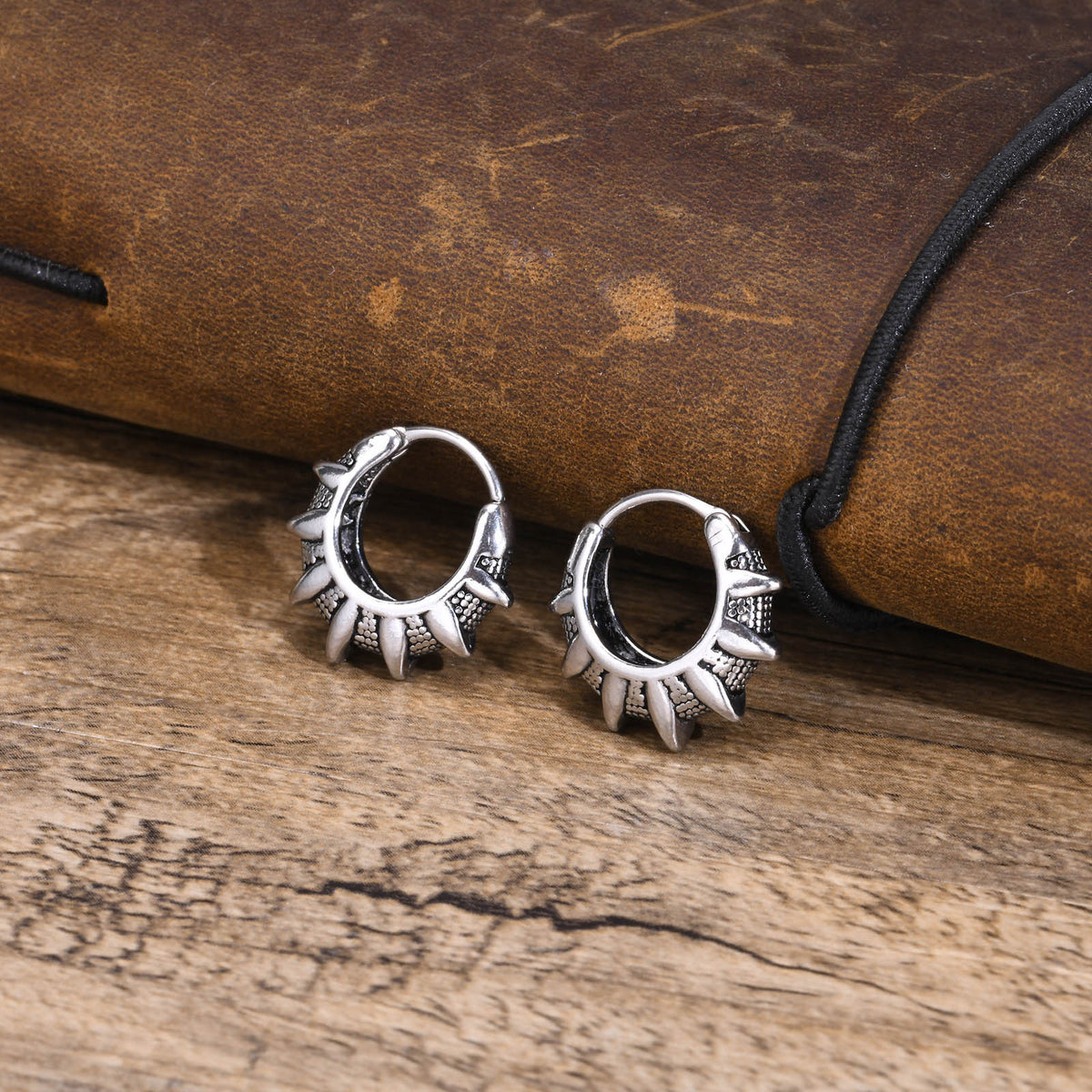 Antique Silver Tribal Sunburst Hoop Earrings