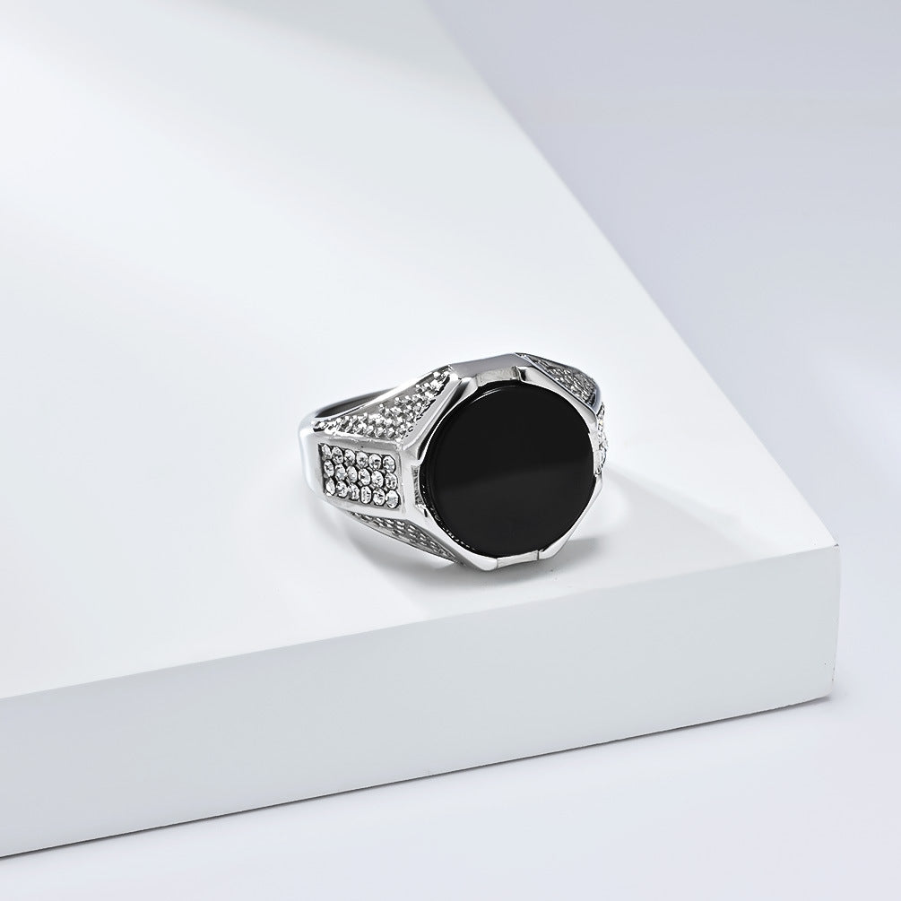 Planderful Mens Geometric Titanium Steel Ring With Black Gem Inlay For Modern Luxury Jewelry