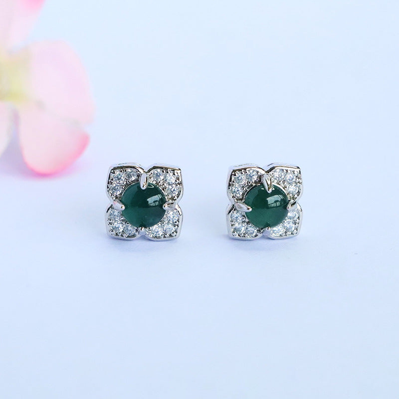 Blue-Water Jadeite Four-Petal Stud Earrings