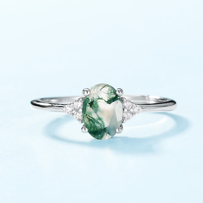 Planderful Everyday Genie – Foreign Trade New S925 Silver Green Moss Ring Inlaid with Aquatic Agate