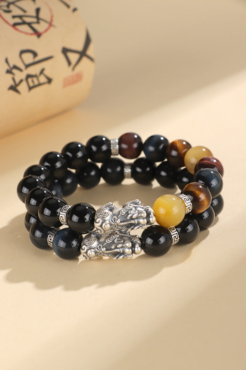999 Silver Black Agate Pixiu & Tiger Eye Bracelet