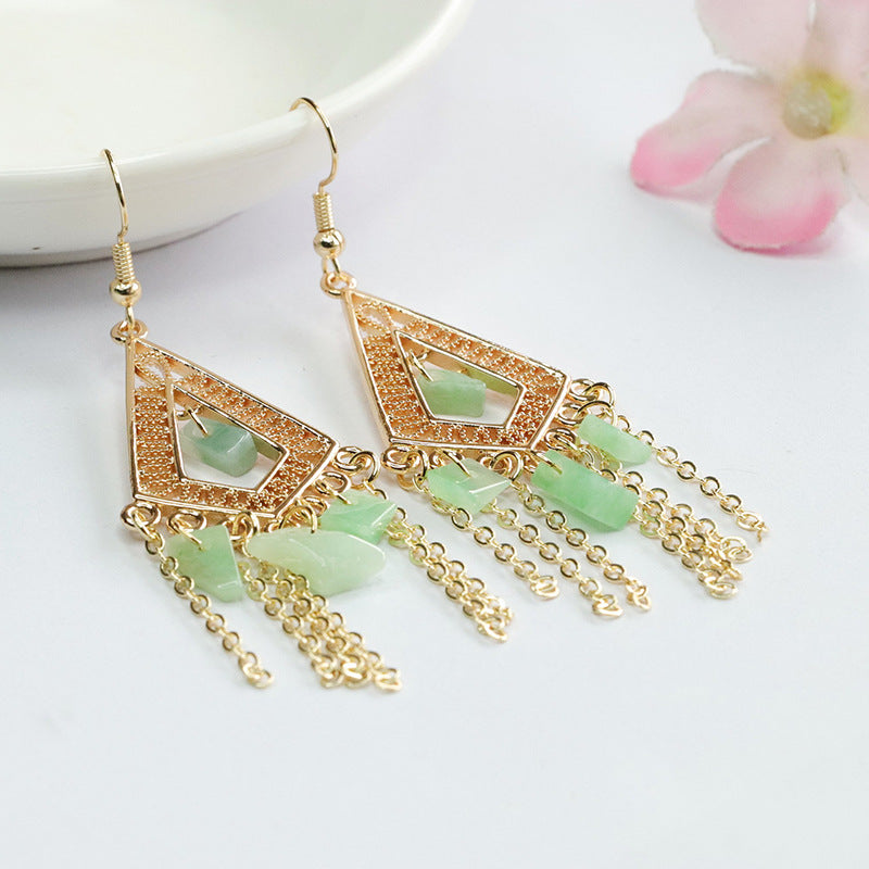 Geometric Irregular Tassel Sterling Silver Jade Earrings