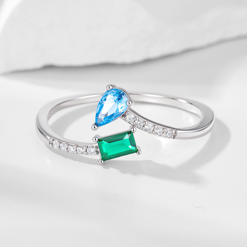 Design Colored Zircon Open Sterling Silver Ring Retro Geometric Ring