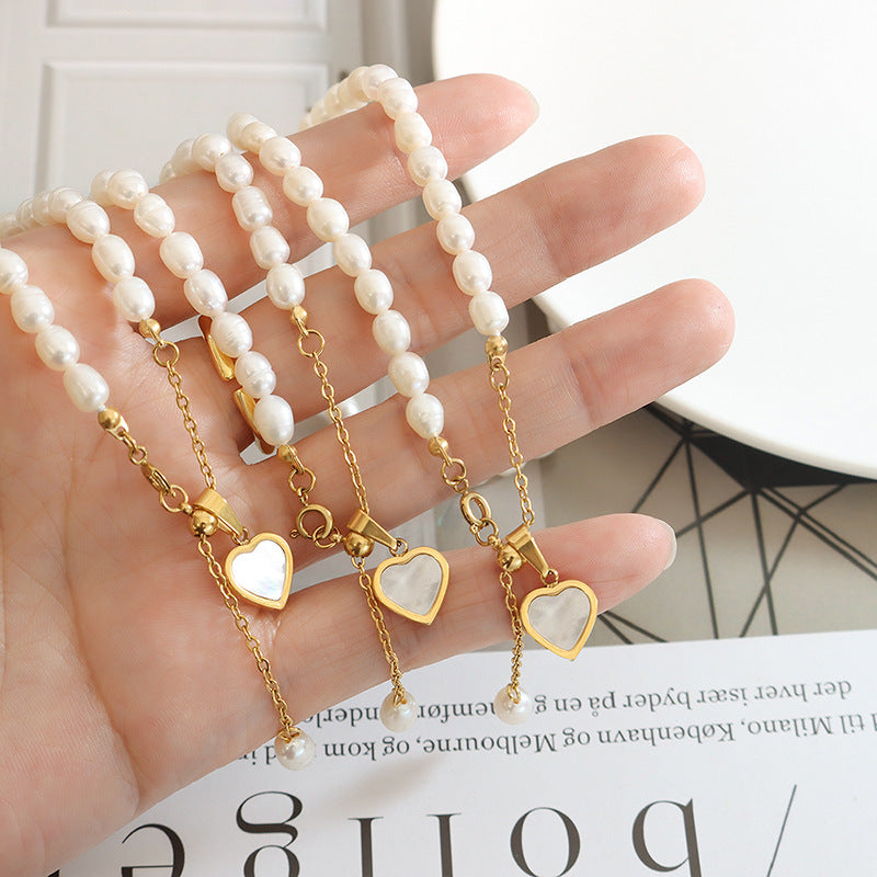 French Style Freshwater Pearl and White Sea Shell Heart Pendant Necklace with Personalized Charm