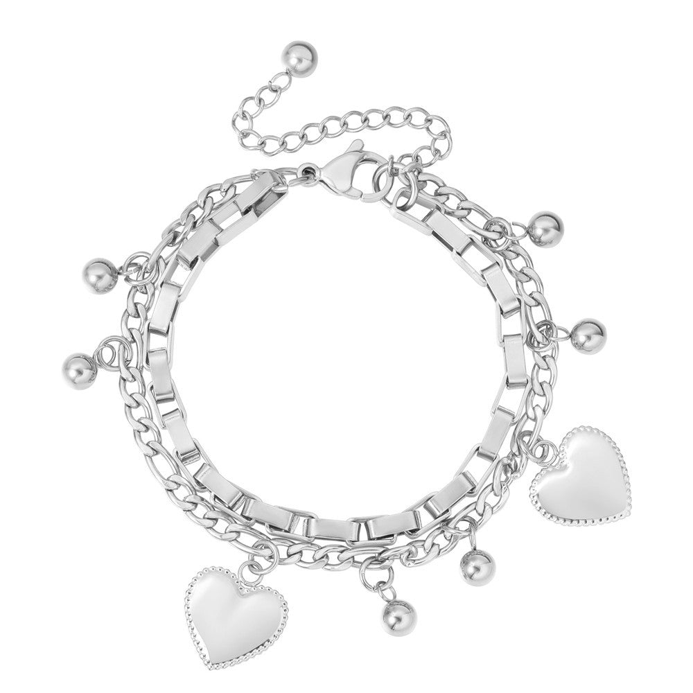 Planderful Double Layer Peach Heart Bead Bracelet Titanium Steel For Women Statement Jewelry