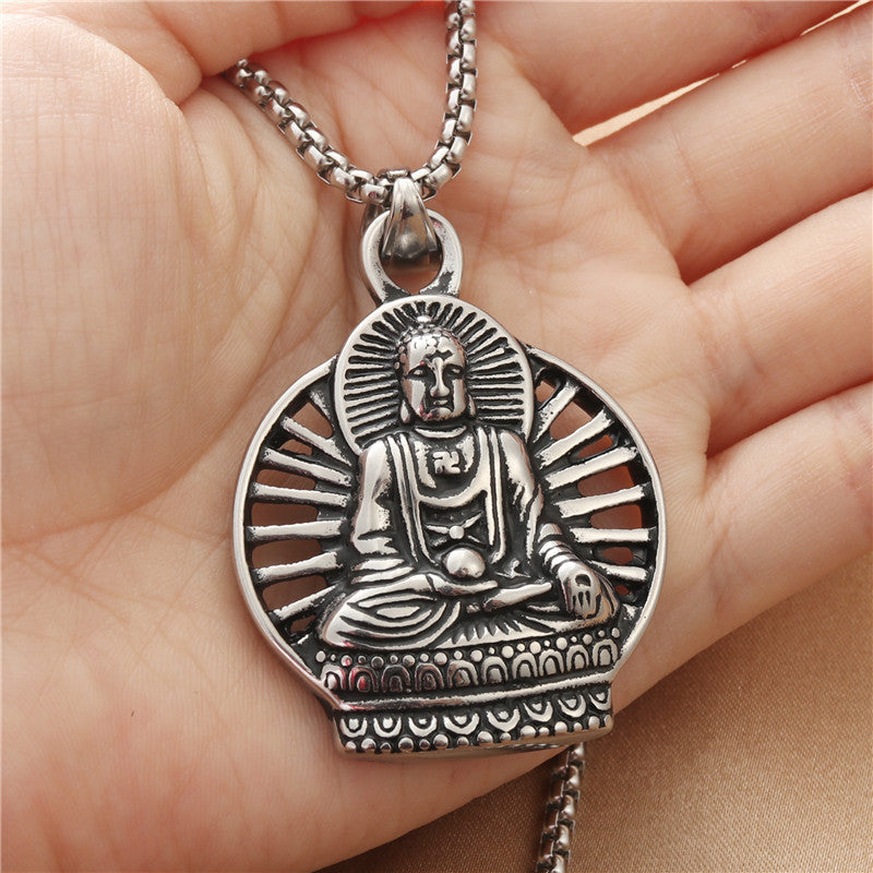 Titanium Steel Buddha Pendant Necklace for Men - Retro Punk Style Amitabha Design