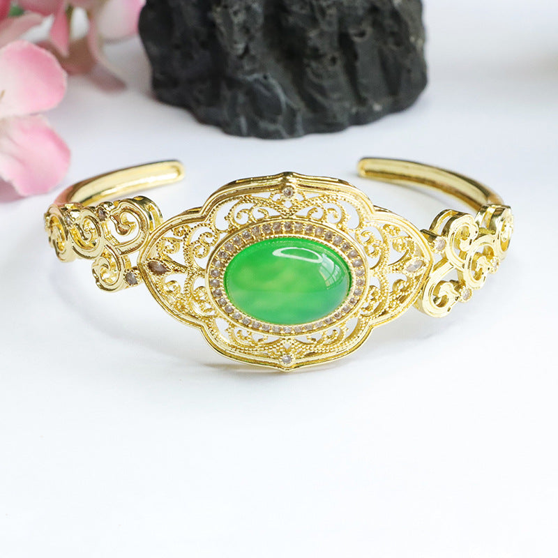 Green Chalcedony Sterling Silver Bracelet with Auspicious Cloud Design