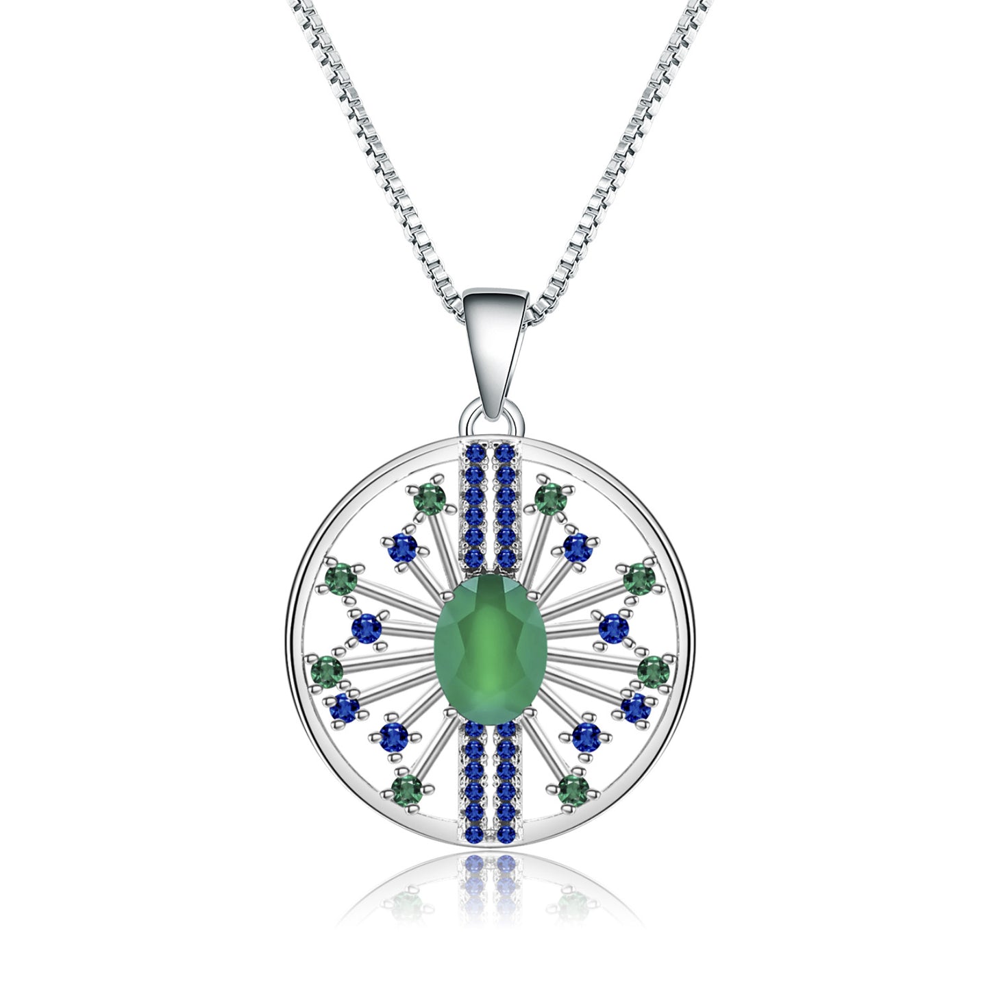 Circle Fireworks Oval Natural Green Agate Silver Necklace.