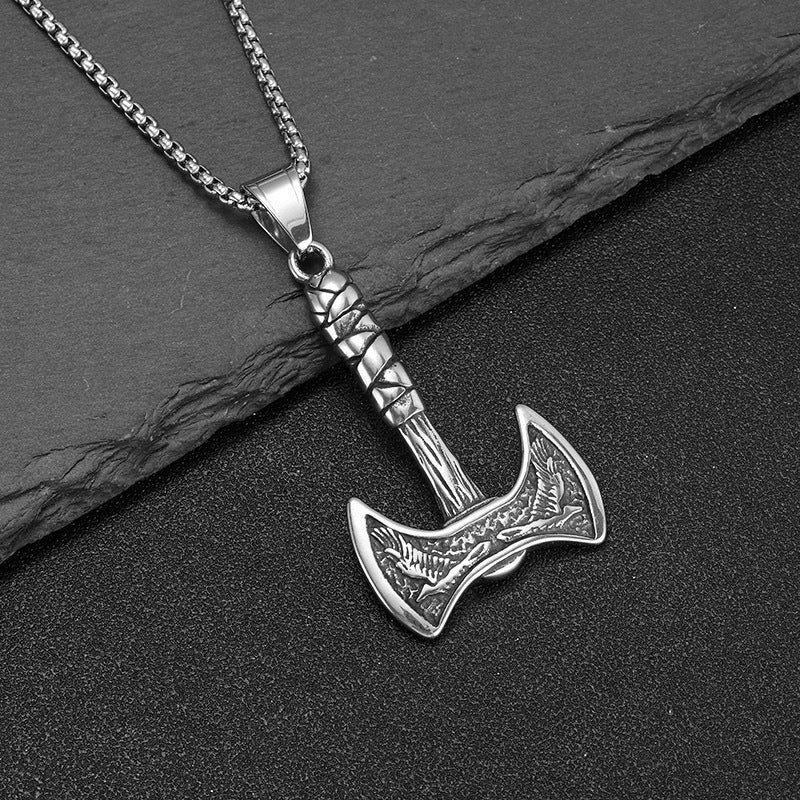 Viking Axe Pendant Necklace For Men Stainless Steel With Titanium Finish Double-Sided Bold Nordic Jewelry By Planderful