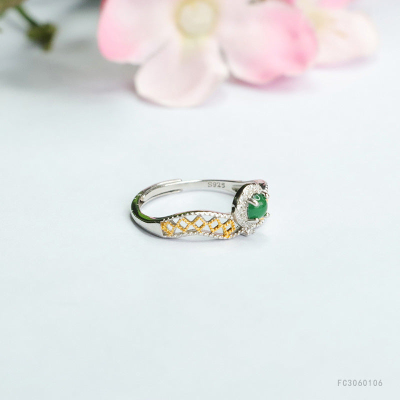 Icy Green Jadeite Openwork 925 Silver Adjustable Ring