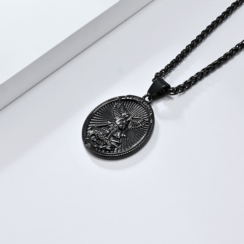 Steel Necklace - Vintage Archangel Oval Pendant For Everyday Wear And Spiritual Symbol Jewelry By Planderful