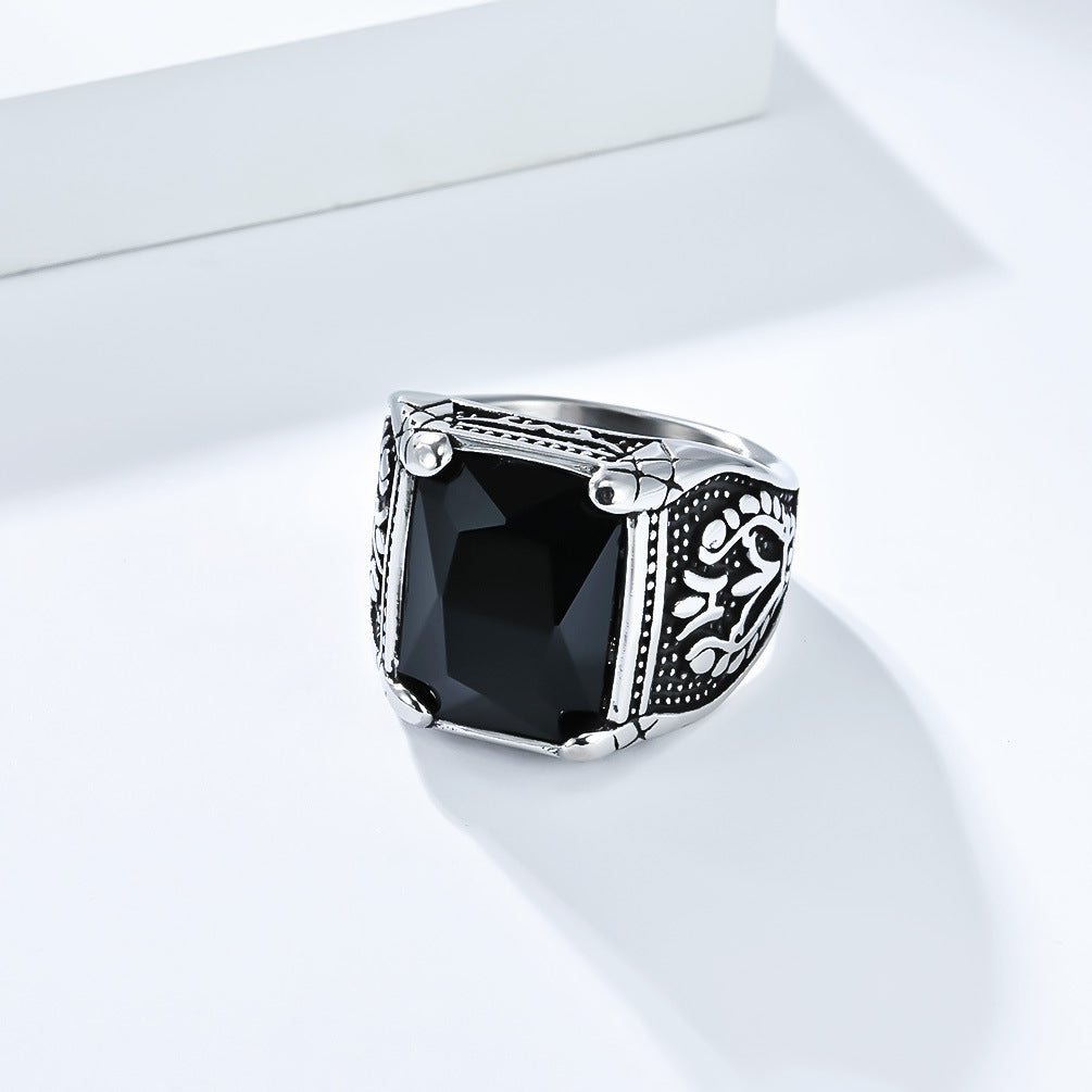 Planderful Men's Titanium Steel Ring With Glass Gem Inlay, European Retro Tulip Design, Bold Fashion Jewelry