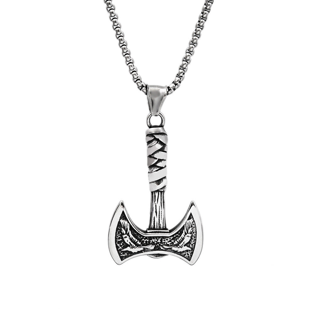 Nordic Viking Raven Axe Titanium Steel Pendant Necklace
